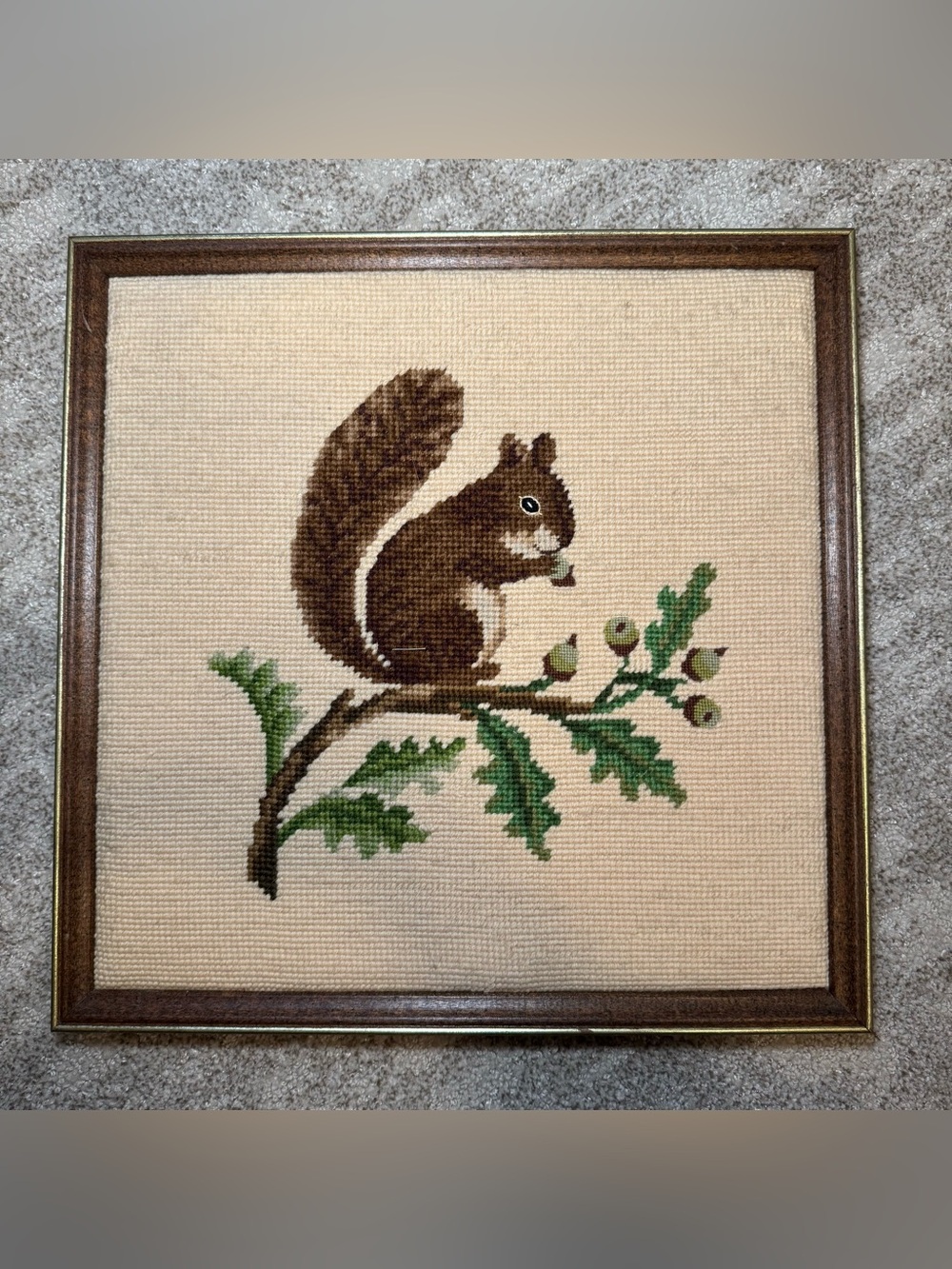 Vintage Handmade Squirrel Needlepoint Framed Wall Art - 12x12
